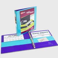 two two-tone blue and purple binders, one open and one closed standing upright, on gray background