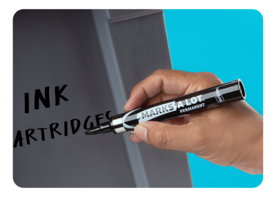A black Avery Marks A Lot marker being used to mark a plastic container for ink cartridges.