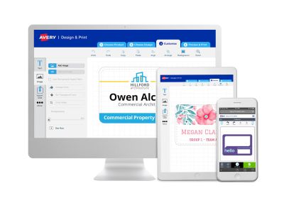 A computer, a tablet, and a smartphone showing Avery Design and Print Online