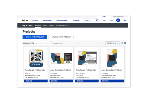 A screenshot of a user's Avery.com Projects page account, showing their saved projects; the four most recent have the same modern, multicolored design with salmon pink, mustard yellow and muted blue shapes, dashes and dots