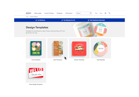 A series of screenshots showing some of the ready-made designs available, along with an example of picking a design and opening it to edit it in the Avery Design & Print Online tool.