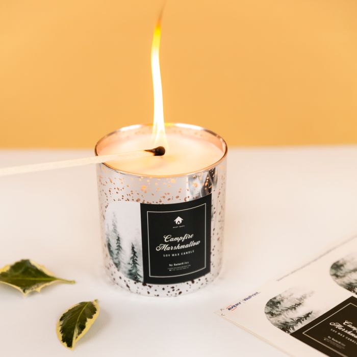 Campfire marshmallow scented candle in a silver mercury tumbler with an Avery arched label