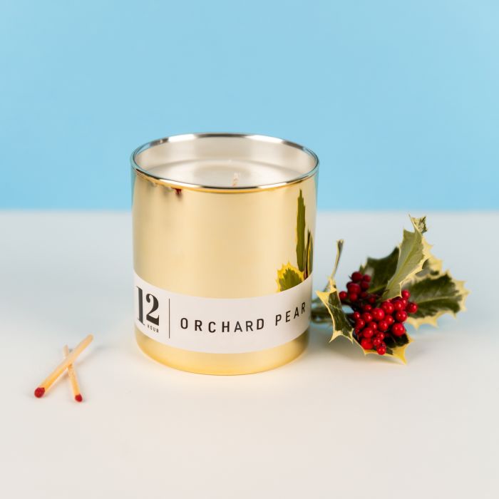 Orchard pear scented candles with a rectangle Avery label and a Candlescience  gold tumbler