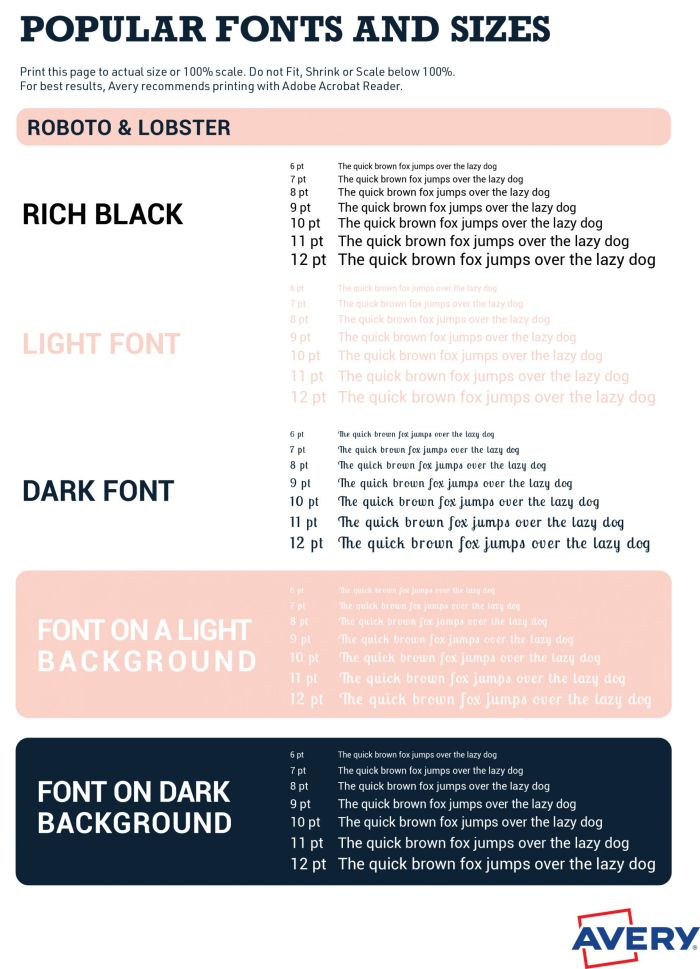 Sample of Roboto and Lobster fonts at different sizes on different backgrounds