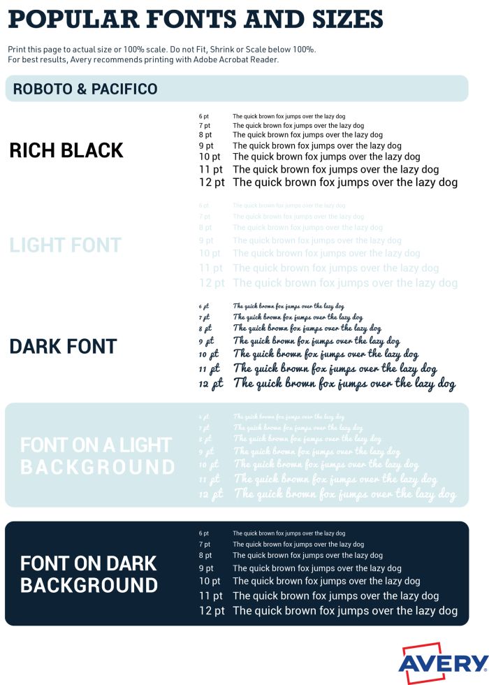 Image of Roboto and Pacifico font sizes printed on different backgrounds