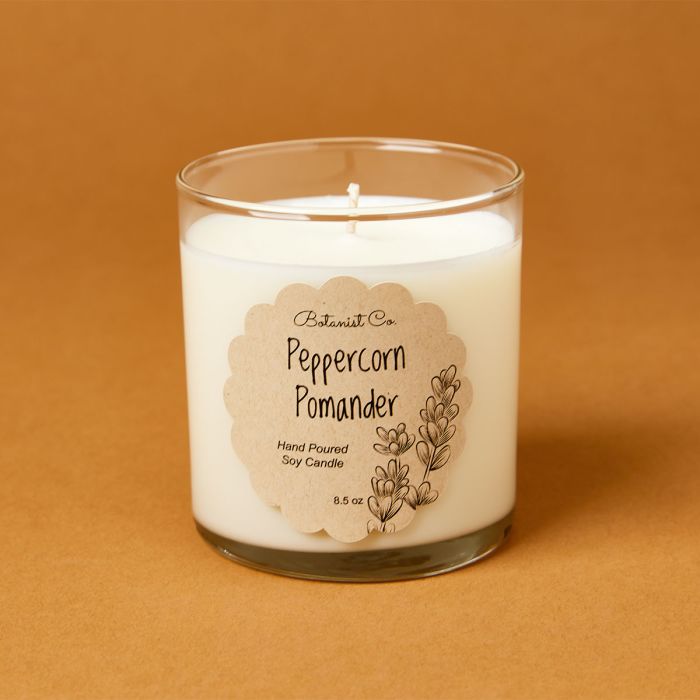 candle science Peppercorn pomander candle scent featuring avery candle label