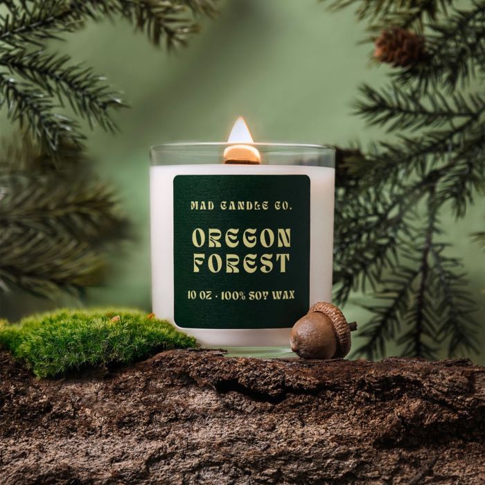 Oregon Forest candle by Mad Candle Co., hand-poured soy candle with natural wood wick.
