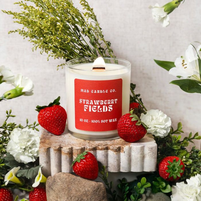 Strawberry Fields candle by Mad Candle Co., a soy candle with a clean red and white label.