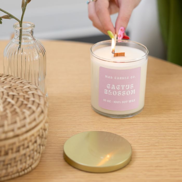 Cactus Blossom candle by Mad Candle Co., soy candle with textured white label and minimal design.