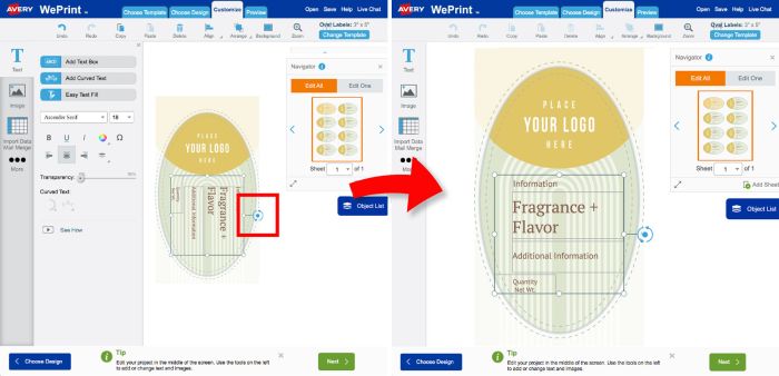 Add more text to your template and rotate using the round arrow toggle  in Avery Design & Print