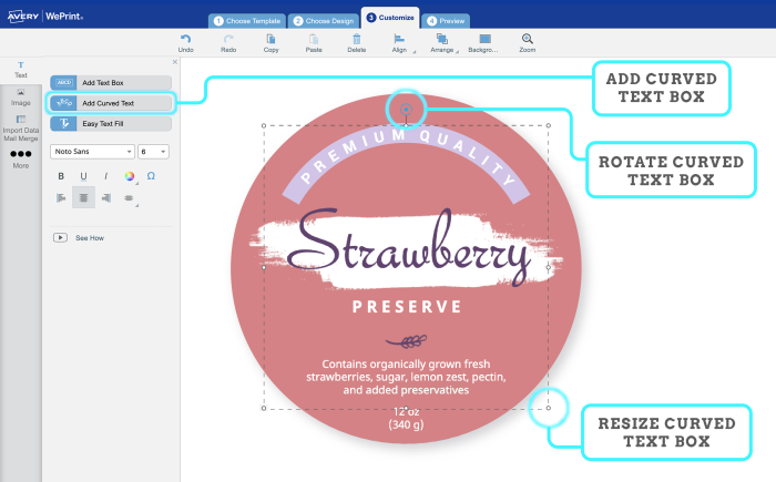 Rotate curved text around your lid labels