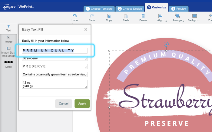 Use easy text fill box to add information to your round labels