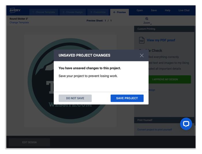 Save your project to your avery account
