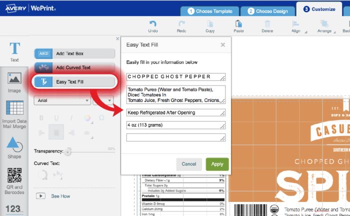 Use easy text fill to personalize your food labels