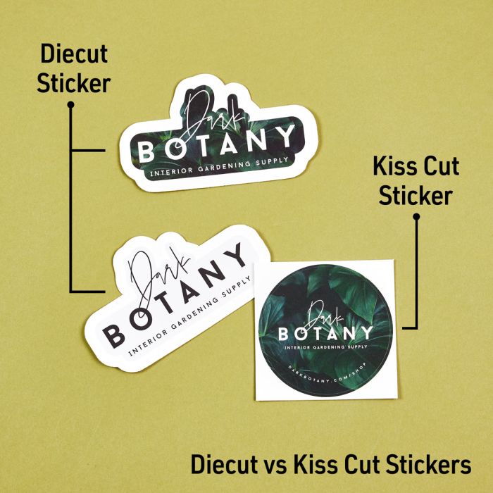 Infographic showing difference between a die cut sticker and kiss cut sticker.