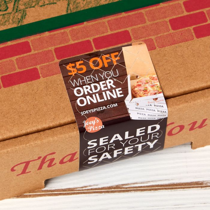 Use 2" x 4" or 2" x 6" tamper evident labels for pizza boxes, sandwich boxes and other delivery items.