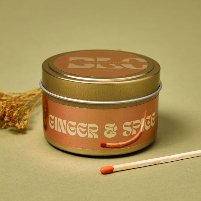 Ginger and Spice candle label from Avery featuring Candlescience holiday fragrance oil