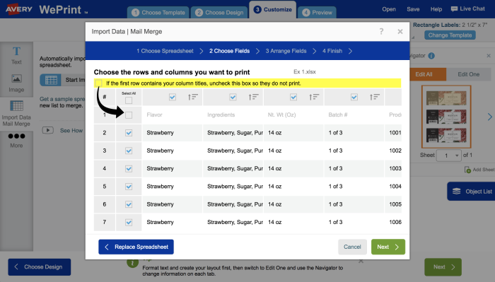 Choose the rows and data you want to print