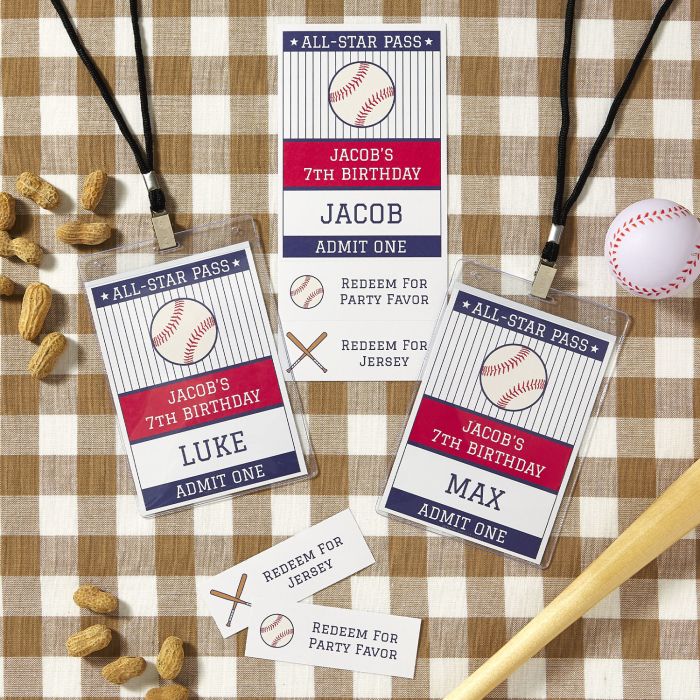 VIP name badges for kids birthday party with baseball theme