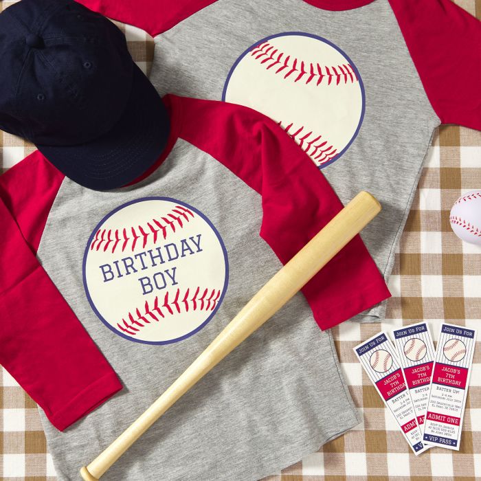 T-shirt party favors for a baseball-themed party that are personalized with Avery 3279 printable, iron-on fabric transfers. 