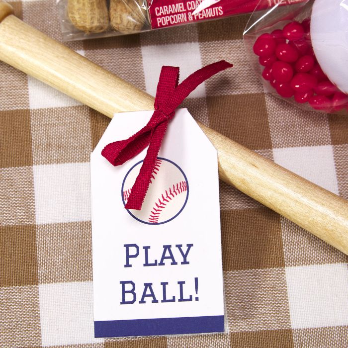 Mini baseball bat party favor personalized with Avery tag 22802 for a baseball-themed kids birthday party. 