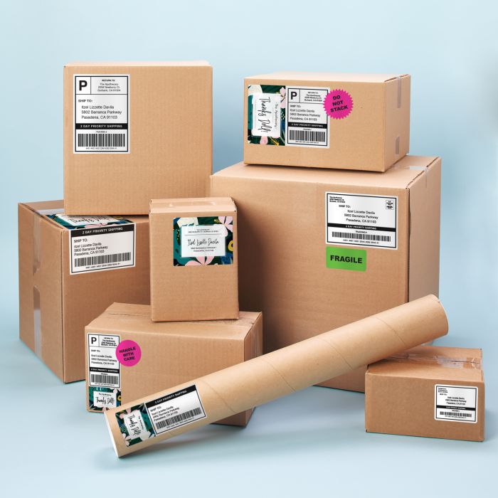 A variety of Avery shipping labels on packages