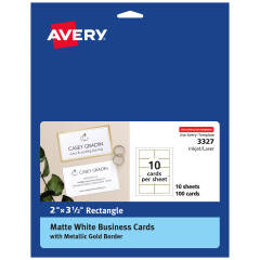 Avery® Business Cards with Metallic Gold Borders, 2" x 3-1/2", 100 Total, Laser/Inkjet Printable Business Cards (3327)