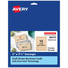Avery(R) Kraft Brown Business Cards with Sure Feed(R) Technology, 2" x 3.5", Laser/Inkjet, 150 Printable Business Cards, Also Great for Appointment Cards and Loyalty Cards (28311)