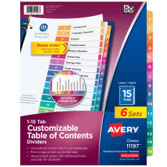 Avery Ready Index Table of Contents Dividers 11197, 15-Tab, 6 Sets