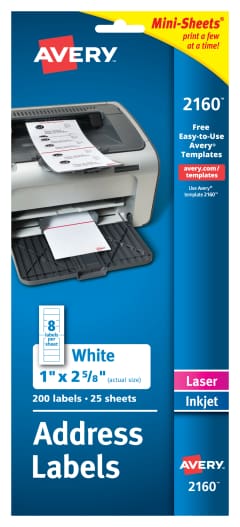 Avery Mini-Sheets Address Labels 2160, 1" x 2-5/8", Pack of 200