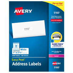 Avery Easy Peel Address Labels for Laser Printers 5160, 1" x 2-5/8", Box of 3,000