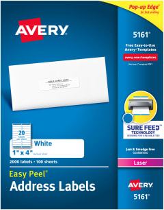 Avery Easy Peel Address Labels for Laser Printers 5161, 1" x 4", Box of 2,000