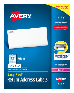 Avery Easy Peel Return Address Labels for Laser Printers 5167, 1/2" x 1-3/4", Box of 8,000
