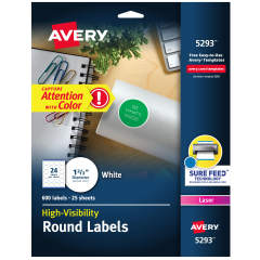 Avery White High-Visibility Labels for Laser Printers 5293, 1-2/3" Diameter, Pack of 600