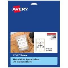 Avery® Matte White Labels with Metallic Gold Borders, 3" x 3" Square Labels, 60 Total, Laser/Inkjet Printable Labels (6542)
