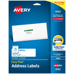 Avery Easy Peel Address Labels for Inkjet Printers 8162, 1-1/3" x 4", Pack of 350