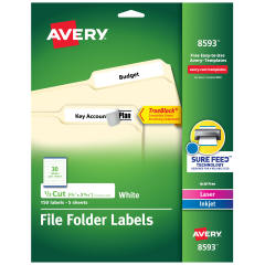 TrueBlock&reg; File Folder Labels, Sure Feed Technology, Permanent Adhesive, White, 2/3" x 3-7/16", 150 Labels (8593)