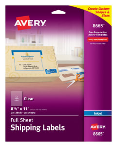 Avery Clear Full-Sheet Shipping Labels for Inkjet Printers 8665, 8-1/2" x 11", Pack of 25
