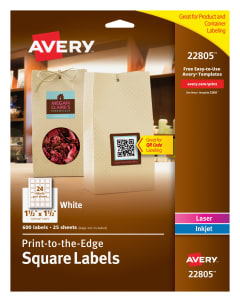 Avery Easy Peel Print-to-the-Edge White Square Labels 22805, 1-1/2" x 1-1/2", Pack of 600