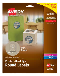 Avery Print-to-the-Edge Kraft Brown Round Labels 22808, 2-1/2" Diameter, Pack of 225
