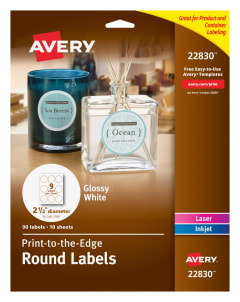 Avery Print-to-the-Edge True Print Glossy Round Labels 22830, 2-1/2" Diameter, Pack of 90