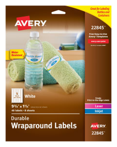 Avery Durable Water-Resistant White Wraparound Labels 22845, 9-3/4" x 1-1/4", Pack of 40