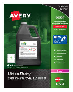Avery UltraDuty GHS Chemical Labels for Laser Printers, 60504, Waterproof, UV Resistant, 4" x 4", Box of 200