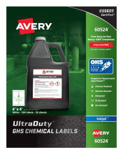 Avery UltraDuty GHS Chemical Labels for Pigment-Based Inkjet Printers, 60524, Waterproof, UV Resistant, 4" x 4", Box of 200