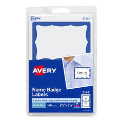 Avery Print or Write Name Badge Labels with Blue Border 5144, 2-11/32" x 3-3/8", Pack of 100