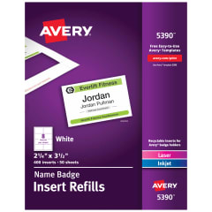 Avery Name Badge Insert Refills 5390, 2-1/4" x 3-1/2", Box of 400