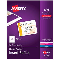 Avery Name Badge Insert Refills 5392, 3" x 4", Box of 300
