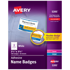 Avery White Adhesive Name Badges 5395, 2-1/3" x 3-3/8", Box of 400