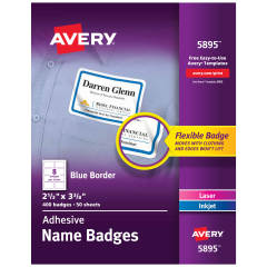 Avery White Adhesive Name Badges with  Blue Border 5895, 2-1/3" x 3-3/8", Box of 400