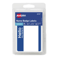 Avery Self-Adhesive Name Badge Labels with Blue Border 6175, 2-3/16" x 3-3/8", Pack of 25